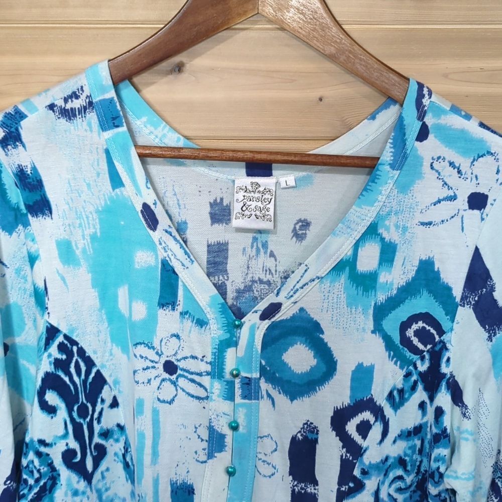 Parsley & Sage Top Womens Large Blue White Art Tunic - Picture 2 of 9